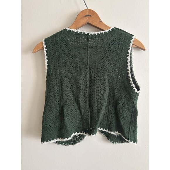 Crochet Knit Green Sleeveless Sweater Floral V-neck Vest Top Small Cropped - Picture 7 of 9